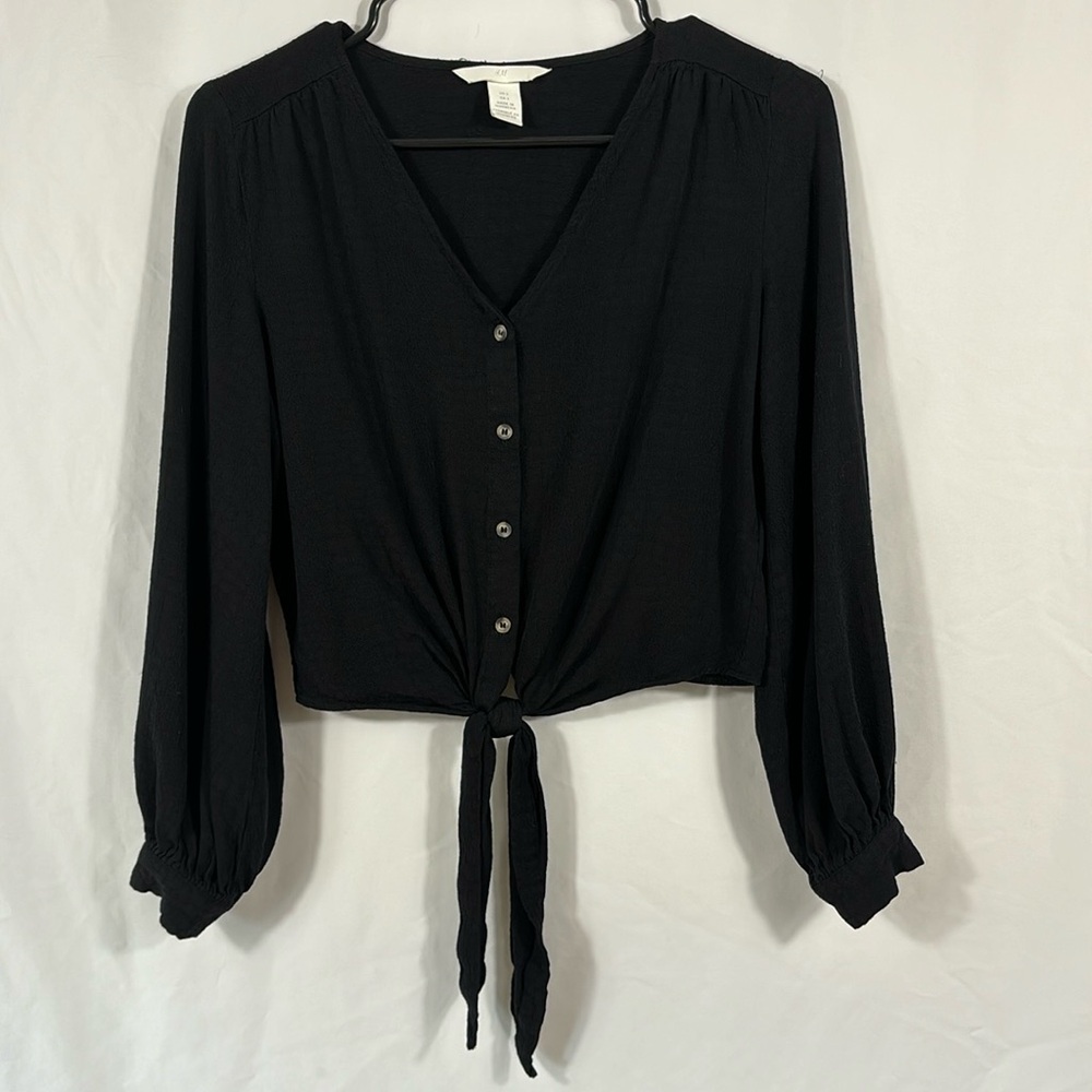 H&M Tie Front Button Up V Neck Black Shirt | Size 2
